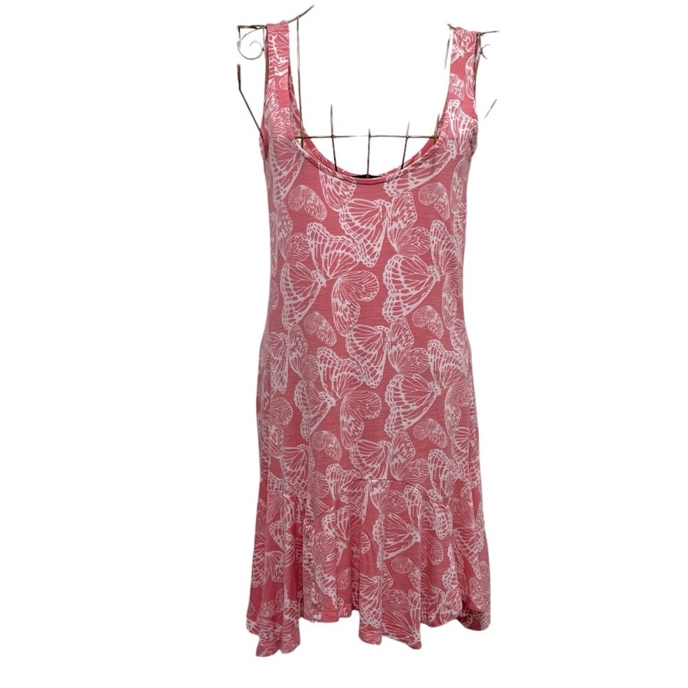 DOROTHY PERKINS Pink Coral Butterfly Print Tiered Mini Dress Size Small
